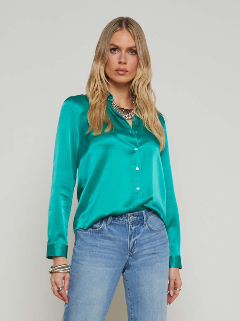 NWT L'AGENCE Tyler Silk Blouse Top In Bright Jade